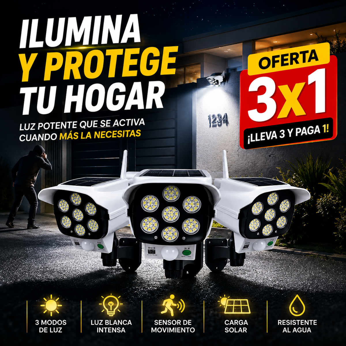 Foco Led Solar con Sensor de Movimiento - ¡Protege tu Casa Cuando No Estes!