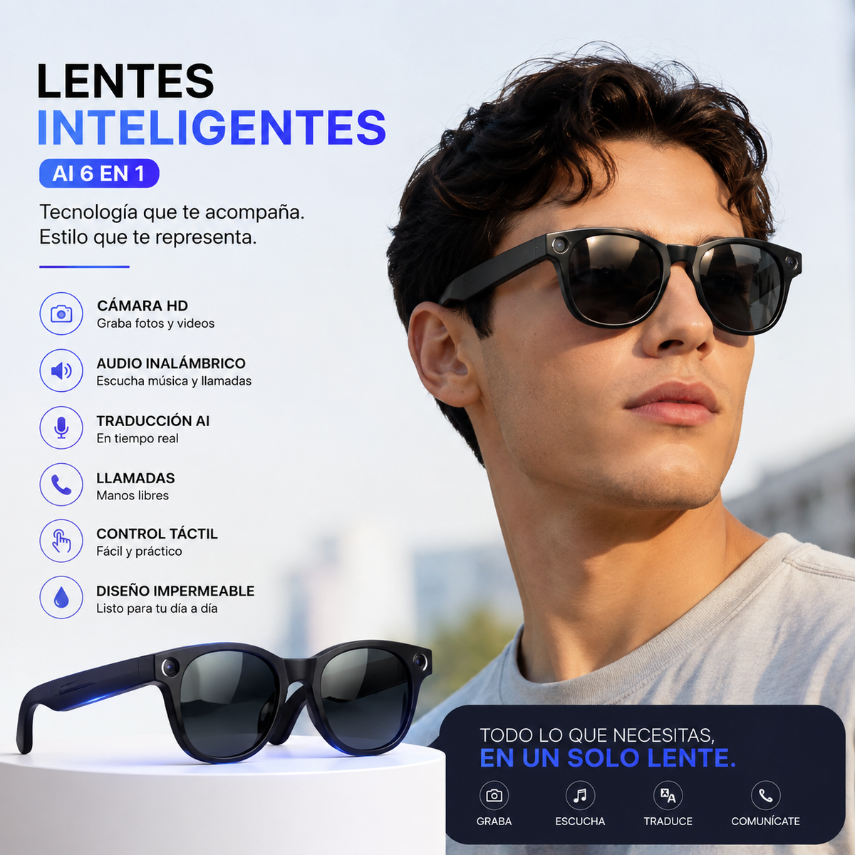 Lentes Inteligentes AI – Graba, Escucha, Traduce y Captura Cada Momento