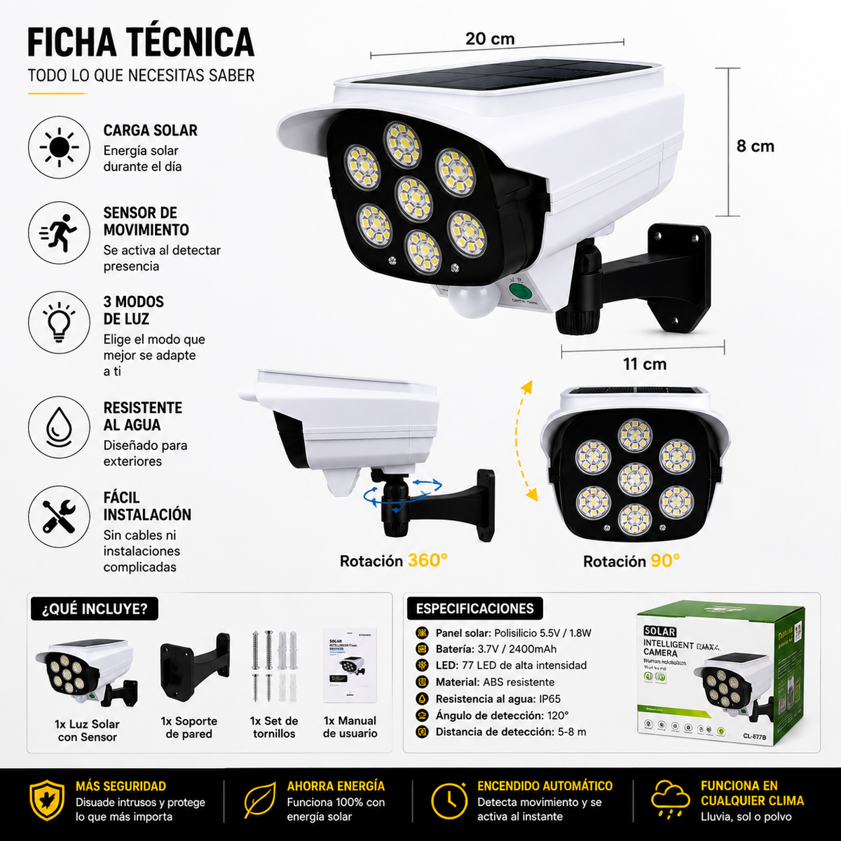 Foco Led Solar con Sensor de Movimiento - ¡Protege tu Casa Cuando No Estes!