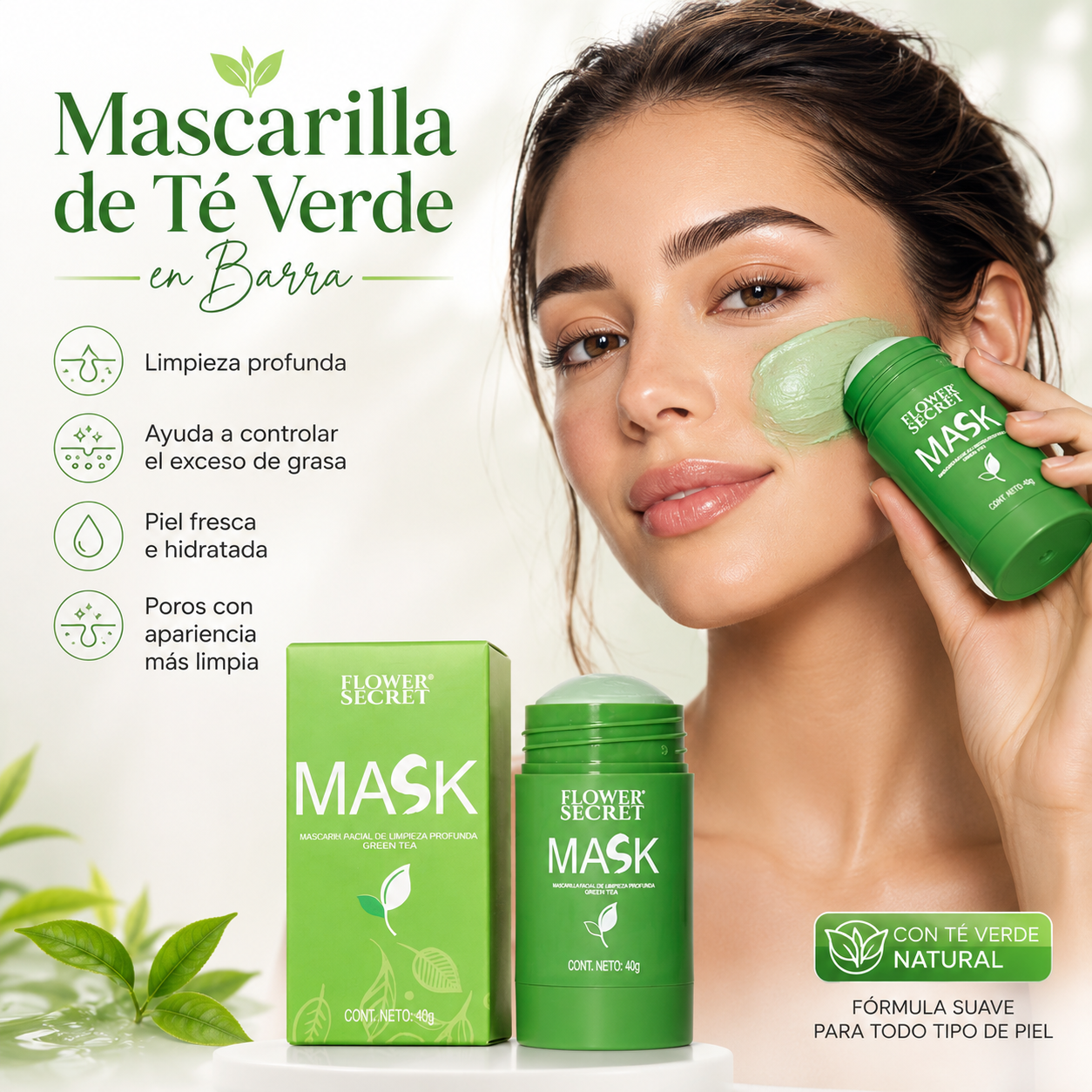 ¡Despídete de los poros y la piel grasa! Mascarilla Facial de Té Verde en Barra